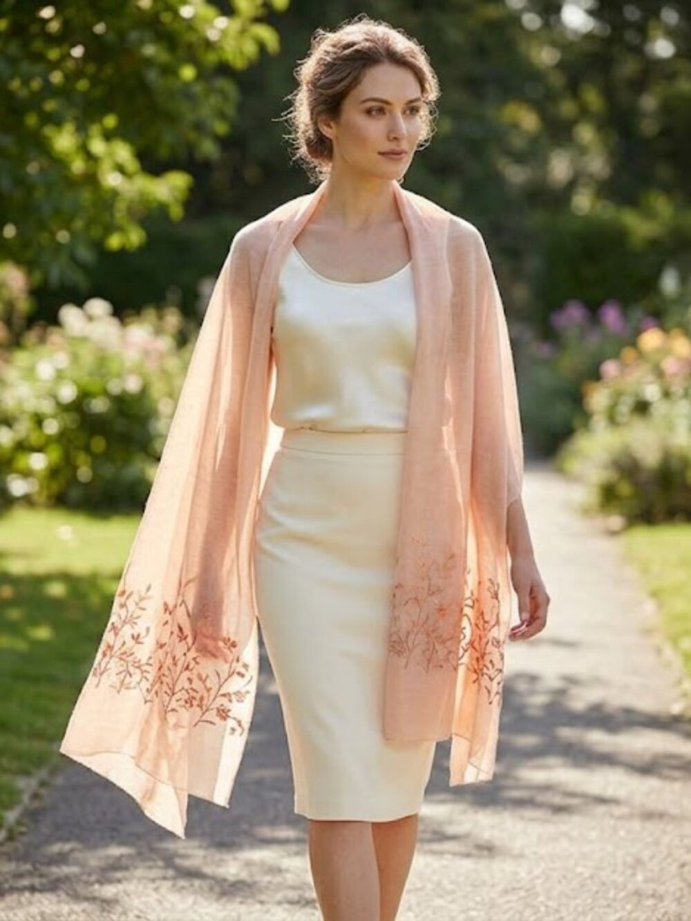 Silk Wool Blend Peach Embroidered Wrap Sheer Lightweight Scarf 33x80